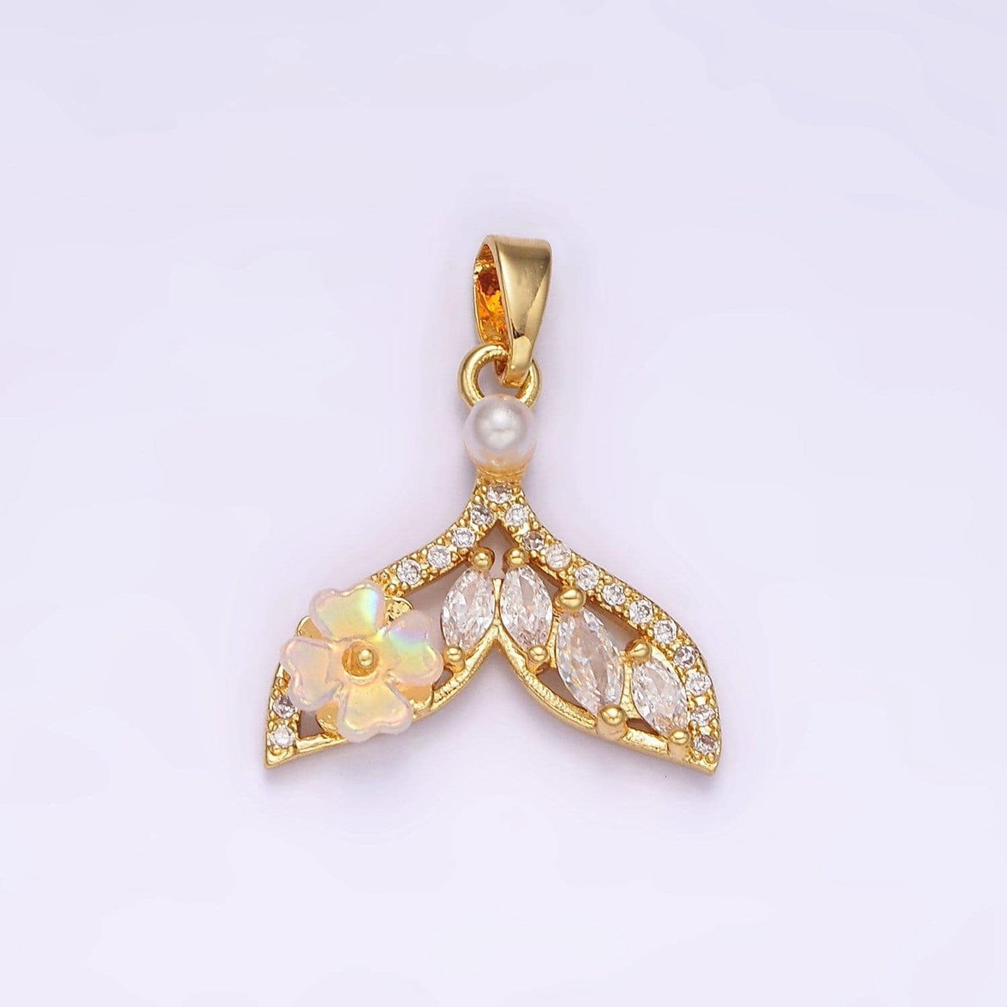 14k gold filled iridescent flower marquise micro paved cz whale tail pearl mermaid tail charm pendant mermaid inspired | n1823