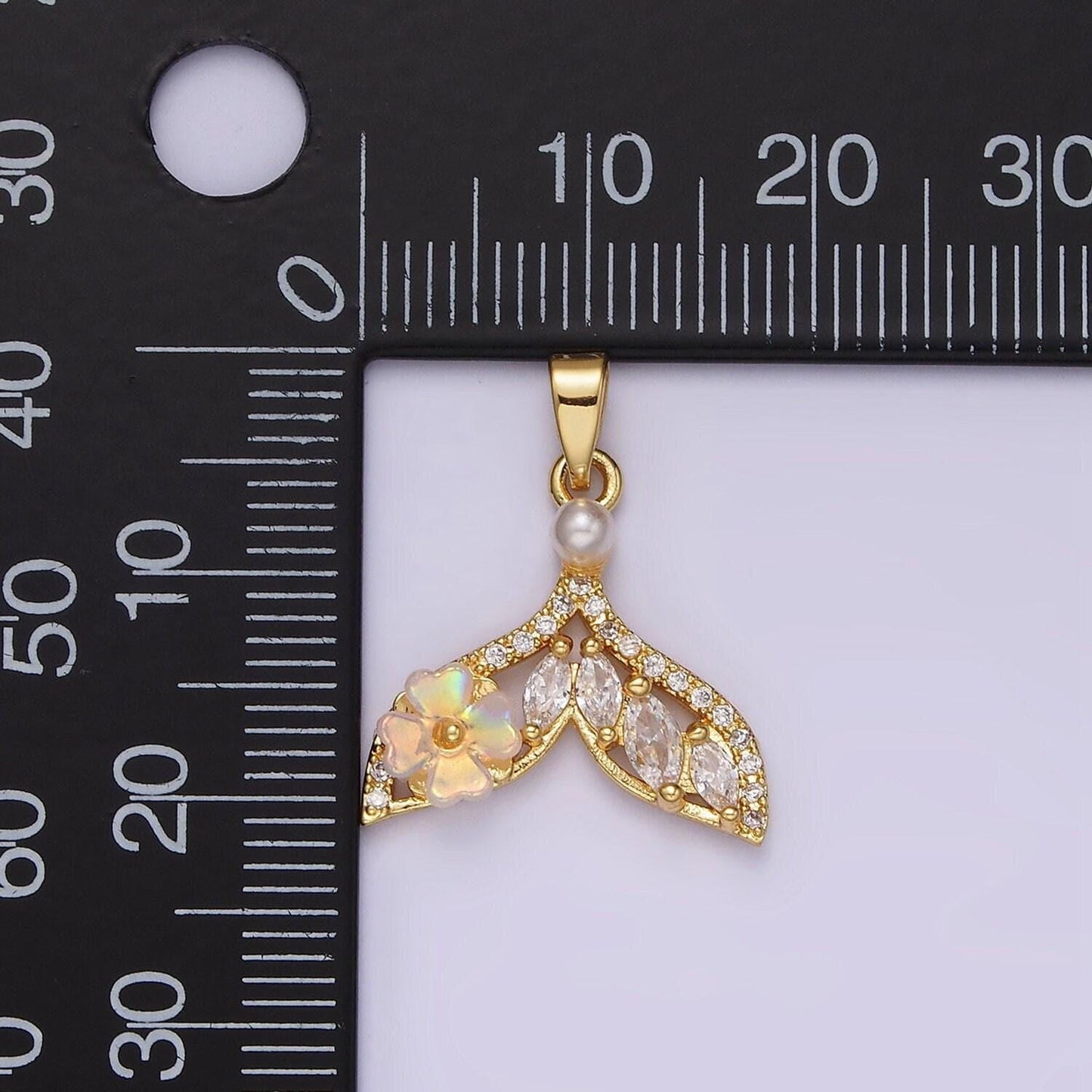14k gold filled iridescent flower marquise micro paved cz whale tail pearl mermaid tail charm pendant mermaid inspired | n1823