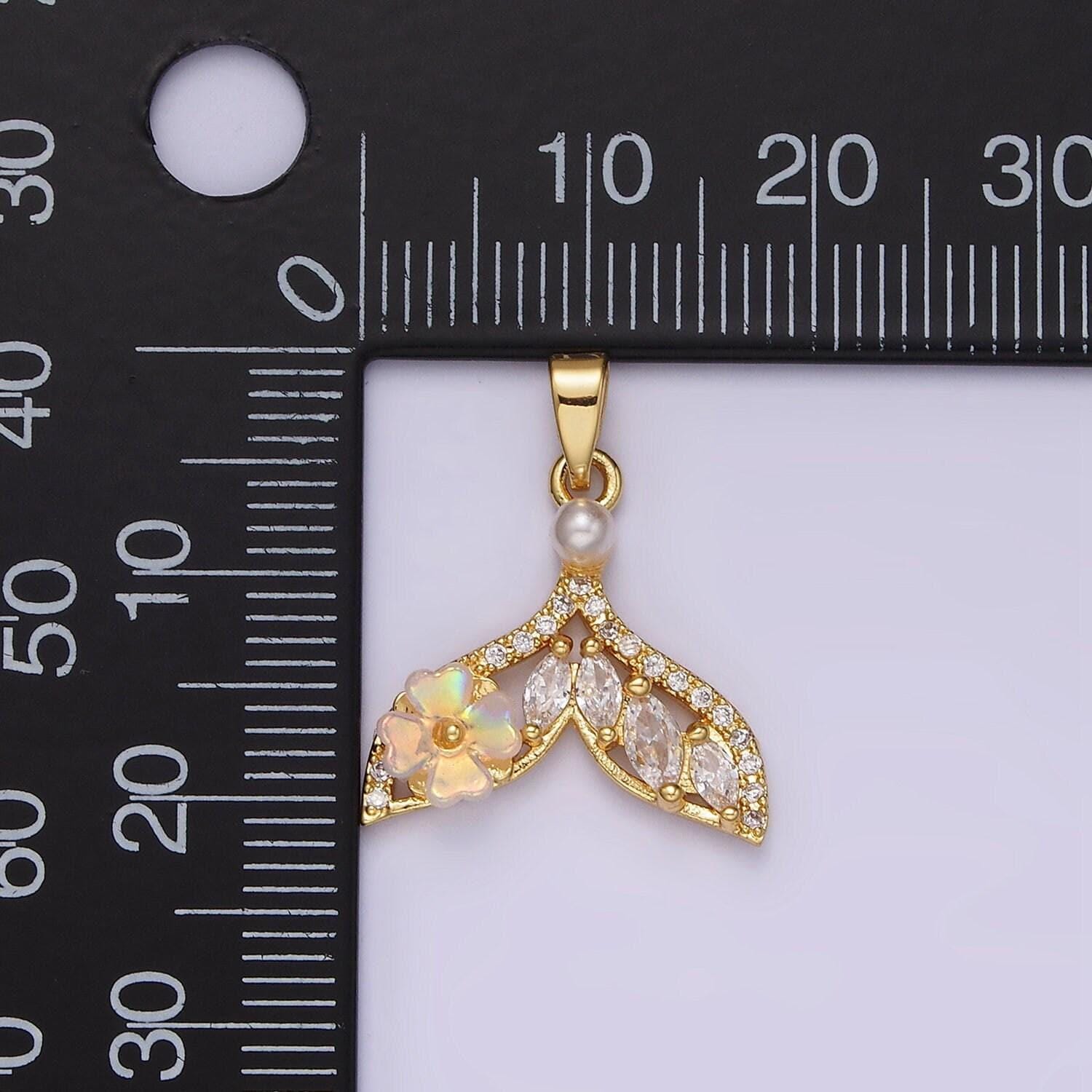 14k gold filled iridescent flower marquise micro paved cz whale tail pearl mermaid tail charm pendant mermaid inspired | n1823