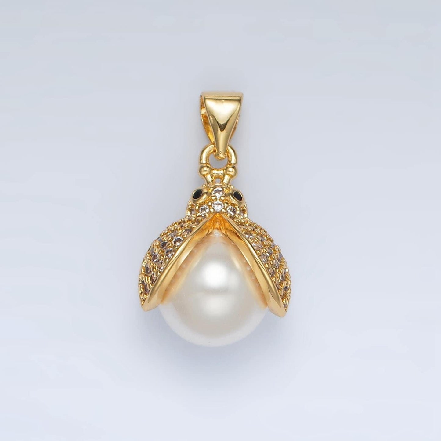 Gold filled open winged ladybug cz paved pearl pendant | ah-187