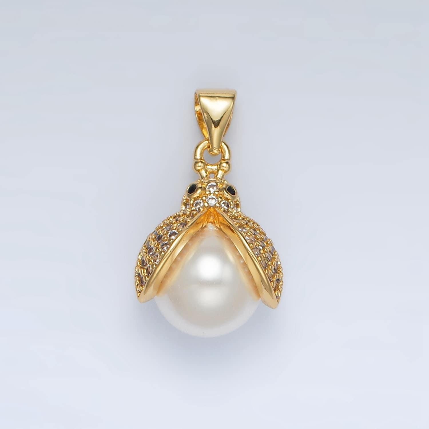 Gold filled open winged ladybug cz paved pearl pendant | ah-187