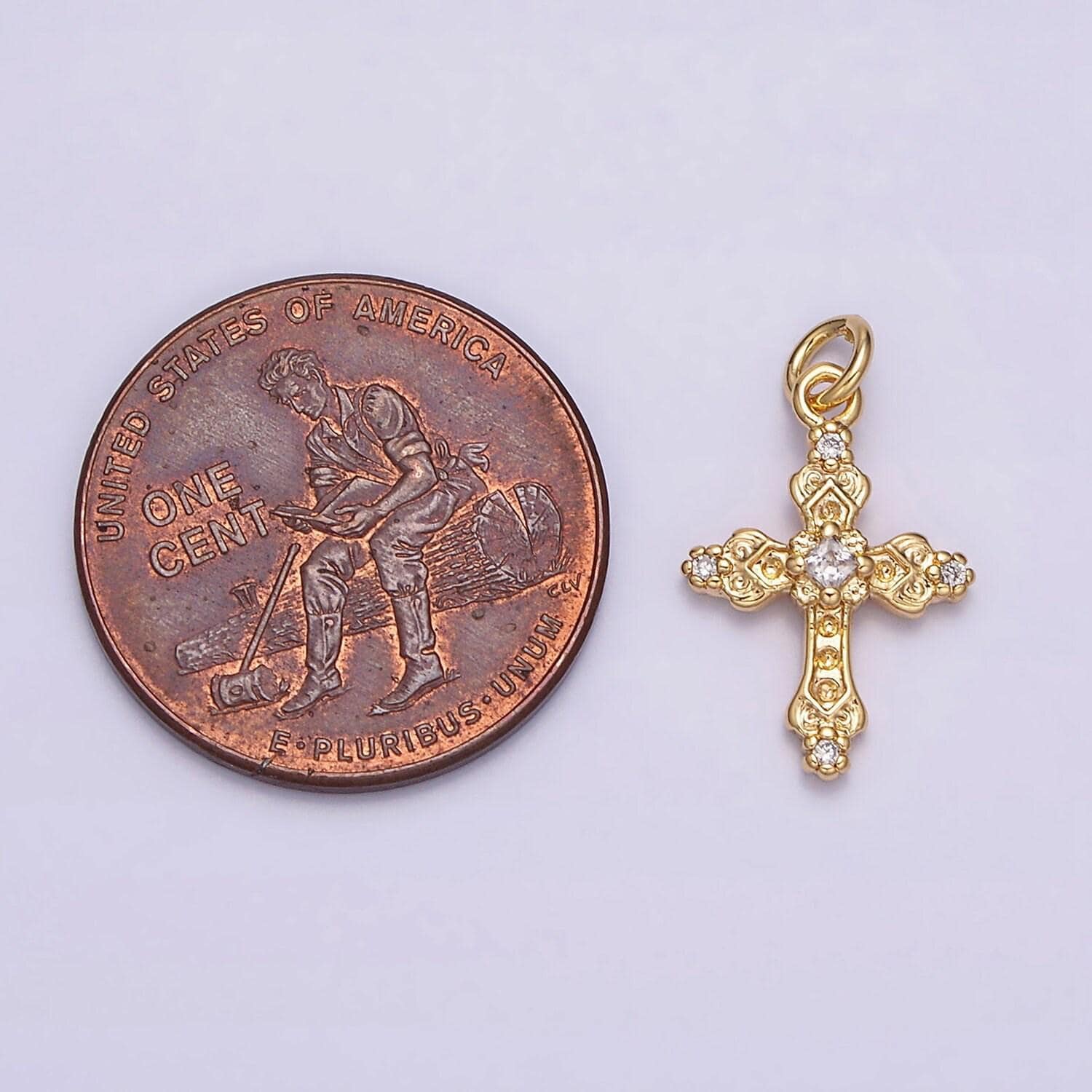 16k gold filled artisan textured religious cross charm in gold & silver micro pave cross pendant | ac1061 ac1062