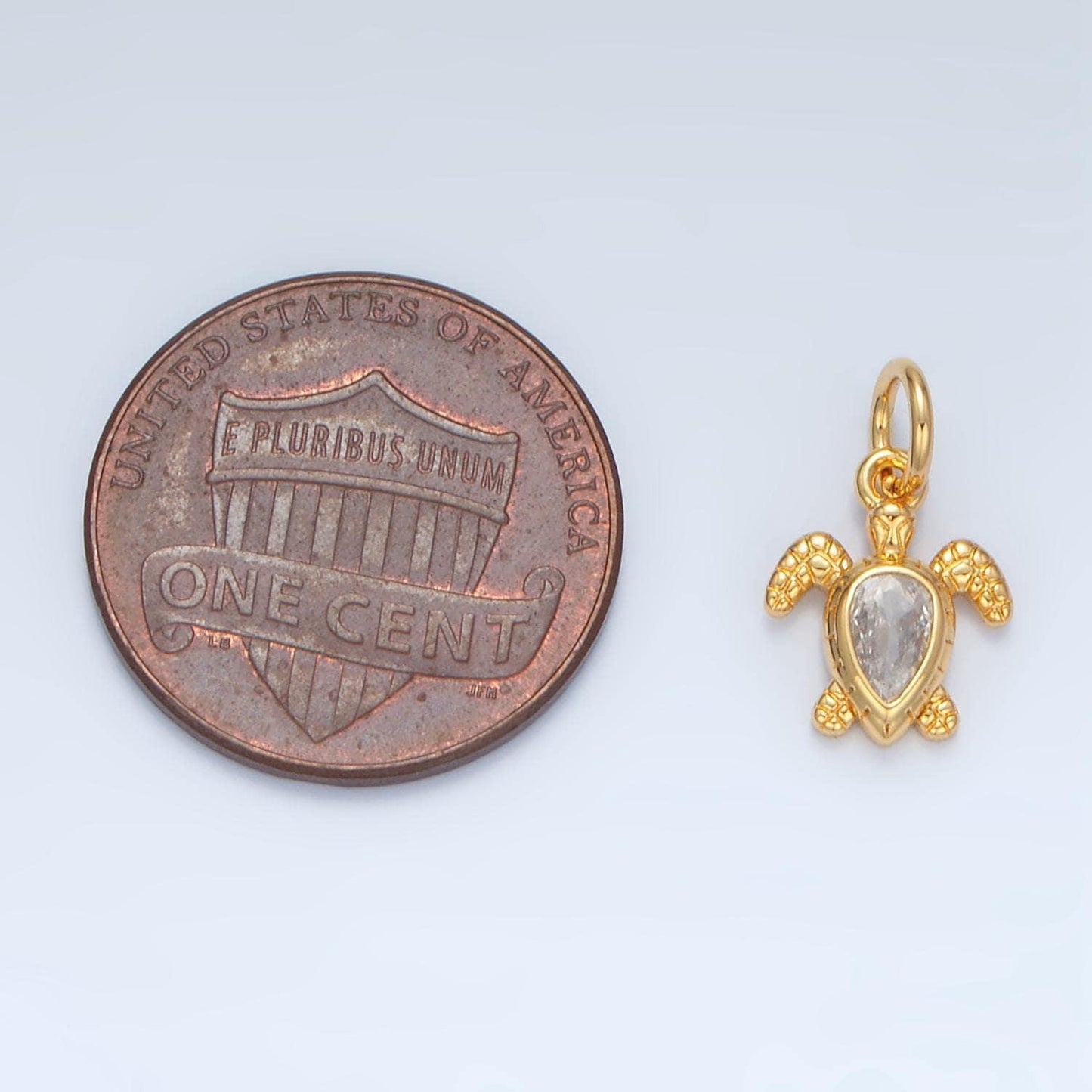 14k gold filled textured turtle, clear cz paved teardrop charm | ag-887