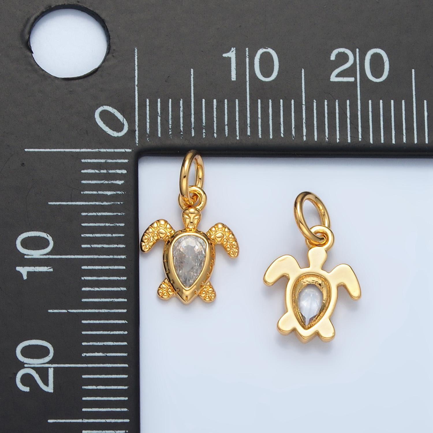 14k gold filled textured turtle, clear cz paved teardrop charm | ag-887
