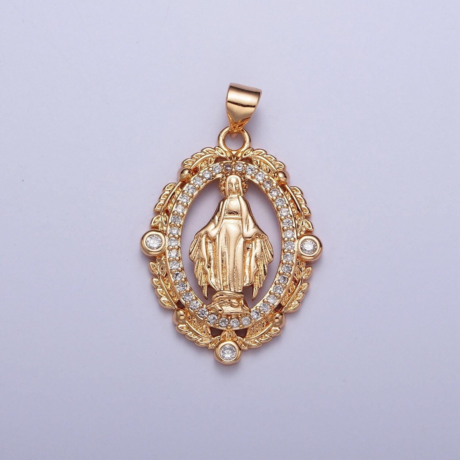 Rosy gold cz virgin mary pendant, 18k gold plated micro paved clear cz wheat leaves wreath decorative edge lady of guadalupe charm | h-315