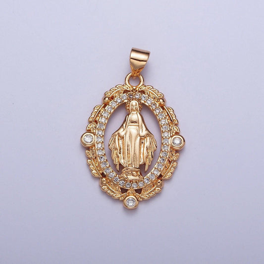 Rosy gold cz virgin mary pendant, 18k gold plated micro paved clear cz wheat leaves wreath decorative edge lady of guadalupe charm | h-315