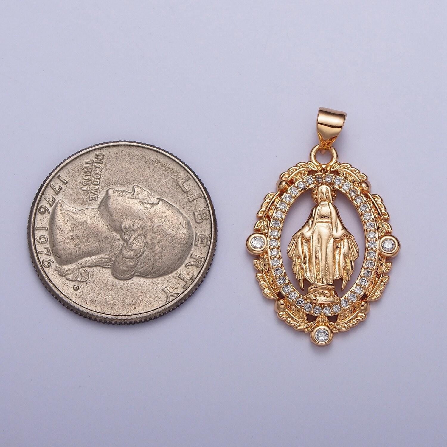 Rosy gold cz virgin mary pendant, 18k gold plated micro paved clear cz wheat leaves wreath decorative edge lady of guadalupe charm | h-315