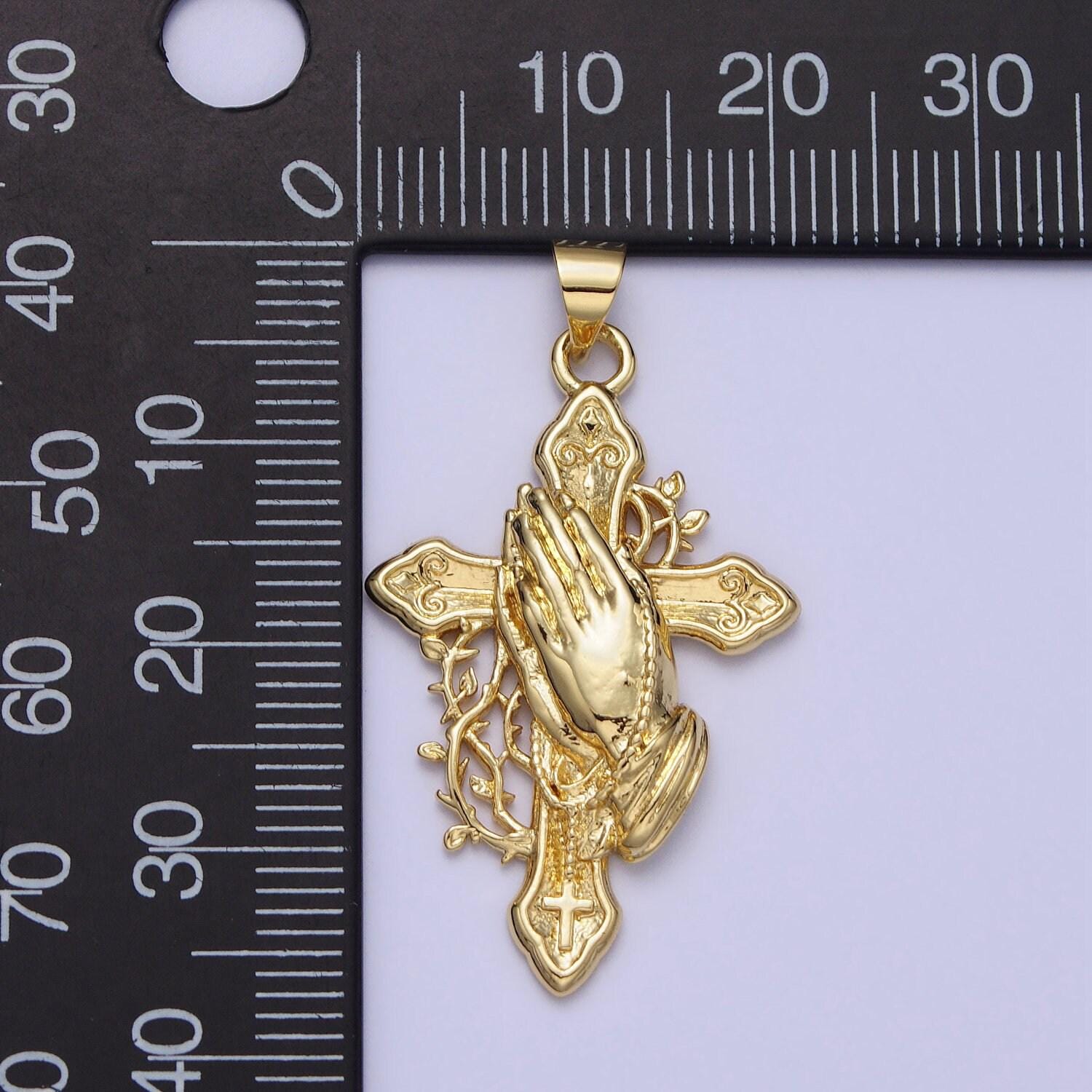 Gold praying hand charm with cross pendant prayer pendant | diy pendant for necklace component handmade religious jewelry making aa158