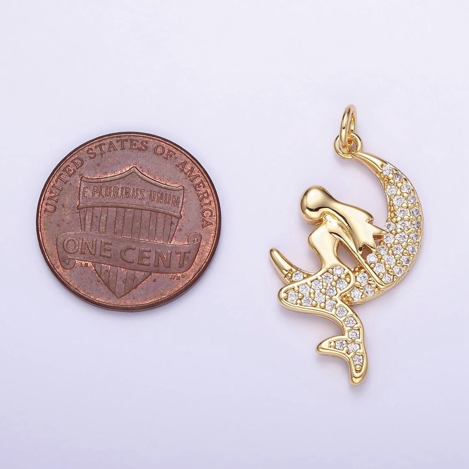 14k gold filled micro pave cz mermaid pendant charm, micro pave cz mermaid heart pendant charm, pendant, for diy jewelry w624