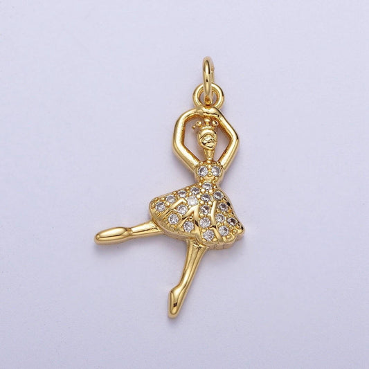 Gold cz ballerina pendant, 14k gold plated clear micro paved cz ballet ballerina ballerino charm | c-690