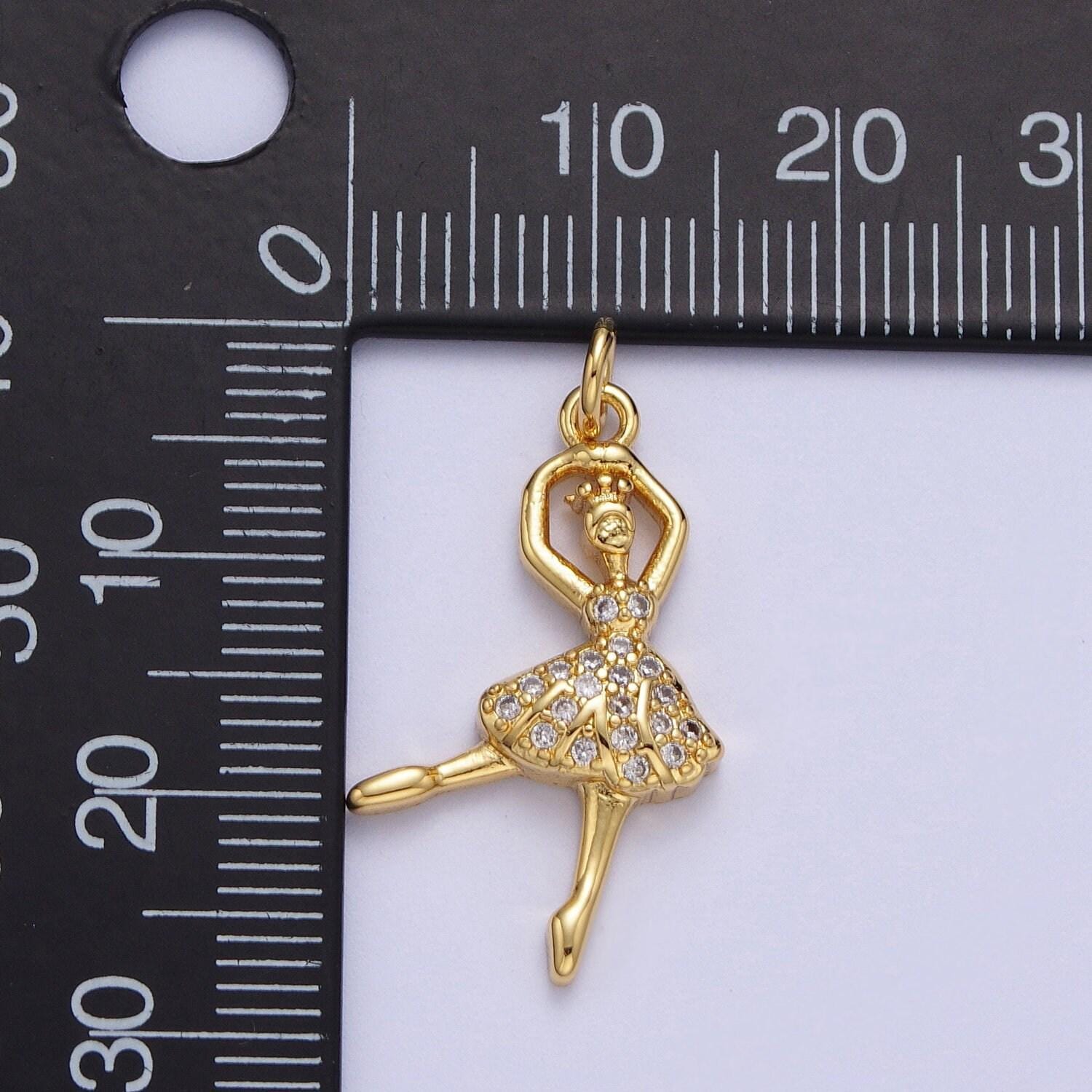 Gold cz ballerina pendant, 14k gold plated clear micro paved cz ballet ballerina ballerino charm | c-690
