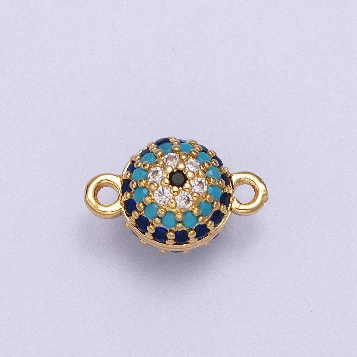 Round 24k gold filled evil eye charm connector greek evil eye link connector pave evil eye jewelry making for bracelet necklace earring y659