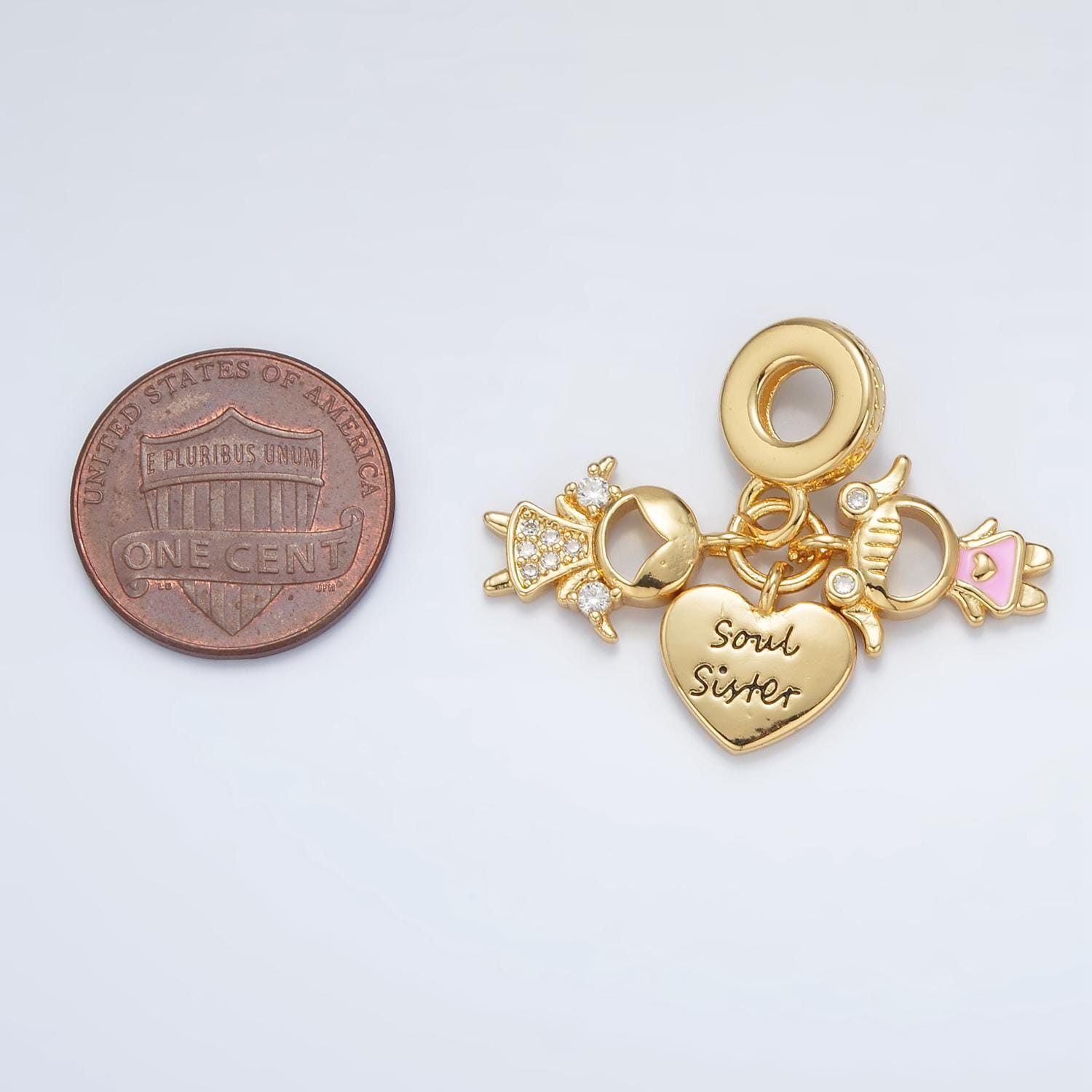 24k gold filled 'soul sister" engraved heart, cz sisters, sibling theme rondelle bail drop pendant | ac-085