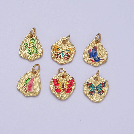 Cute gold butterflies abstract shaped pendant, 24k gold plated colorful enamel mariposa butterfly textured hammered medallion charm