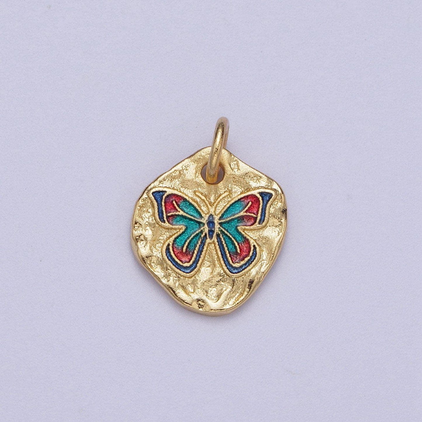 Cute gold butterflies abstract shaped pendant, 24k gold plated colorful enamel mariposa butterfly textured hammered medallion charm
