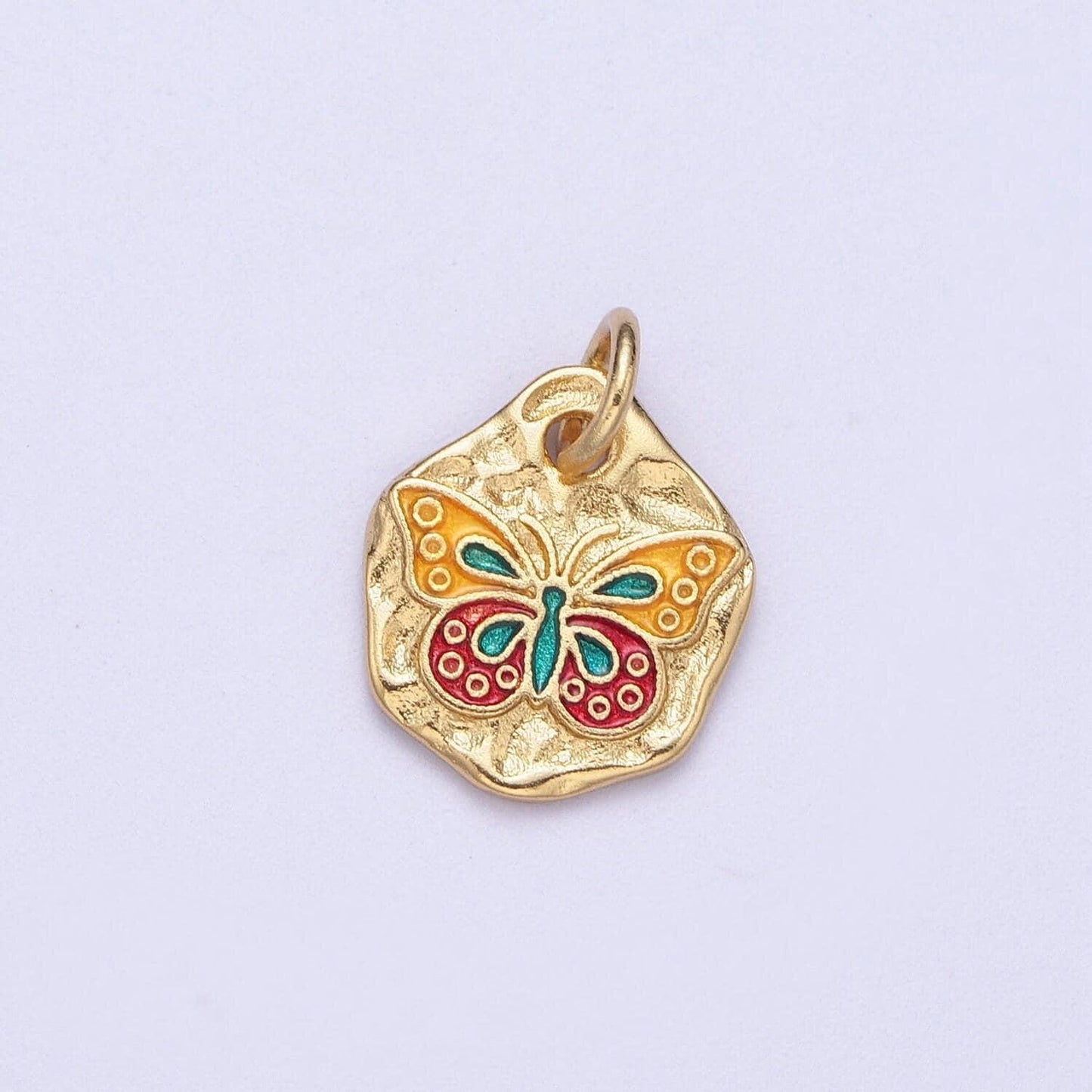 Cute gold butterflies abstract shaped pendant, 24k gold plated colorful enamel mariposa butterfly textured hammered medallion charm