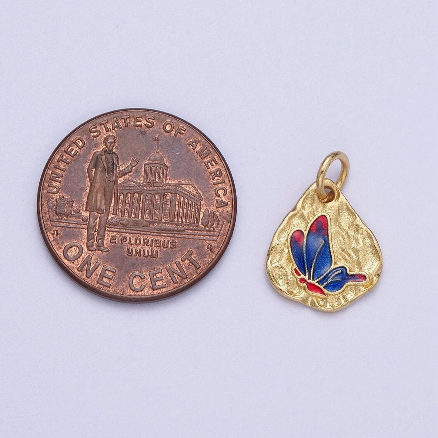Cute gold butterflies abstract shaped pendant, 24k gold plated colorful enamel mariposa butterfly textured hammered medallion charm