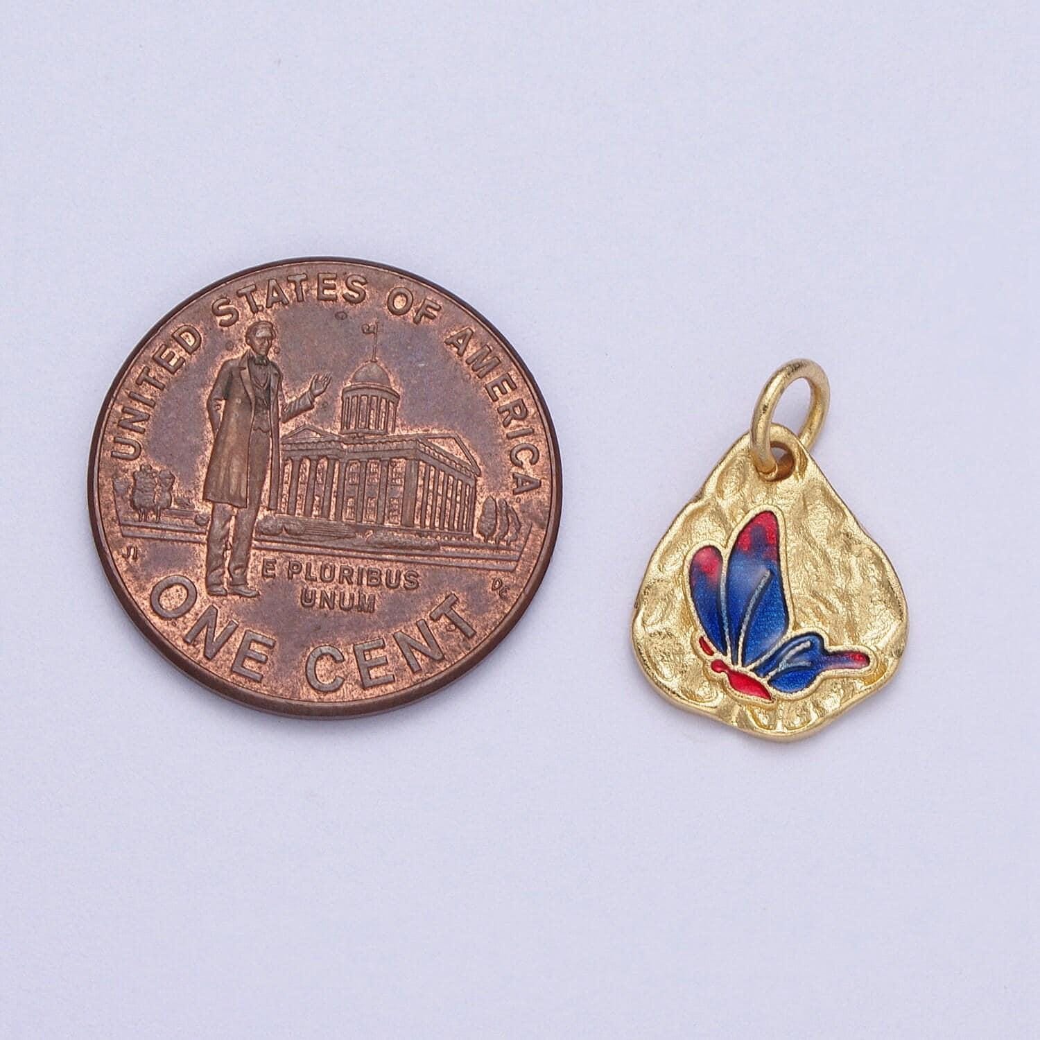Cute gold butterflies abstract shaped pendant, 24k gold plated colorful enamel mariposa butterfly textured hammered medallion charm