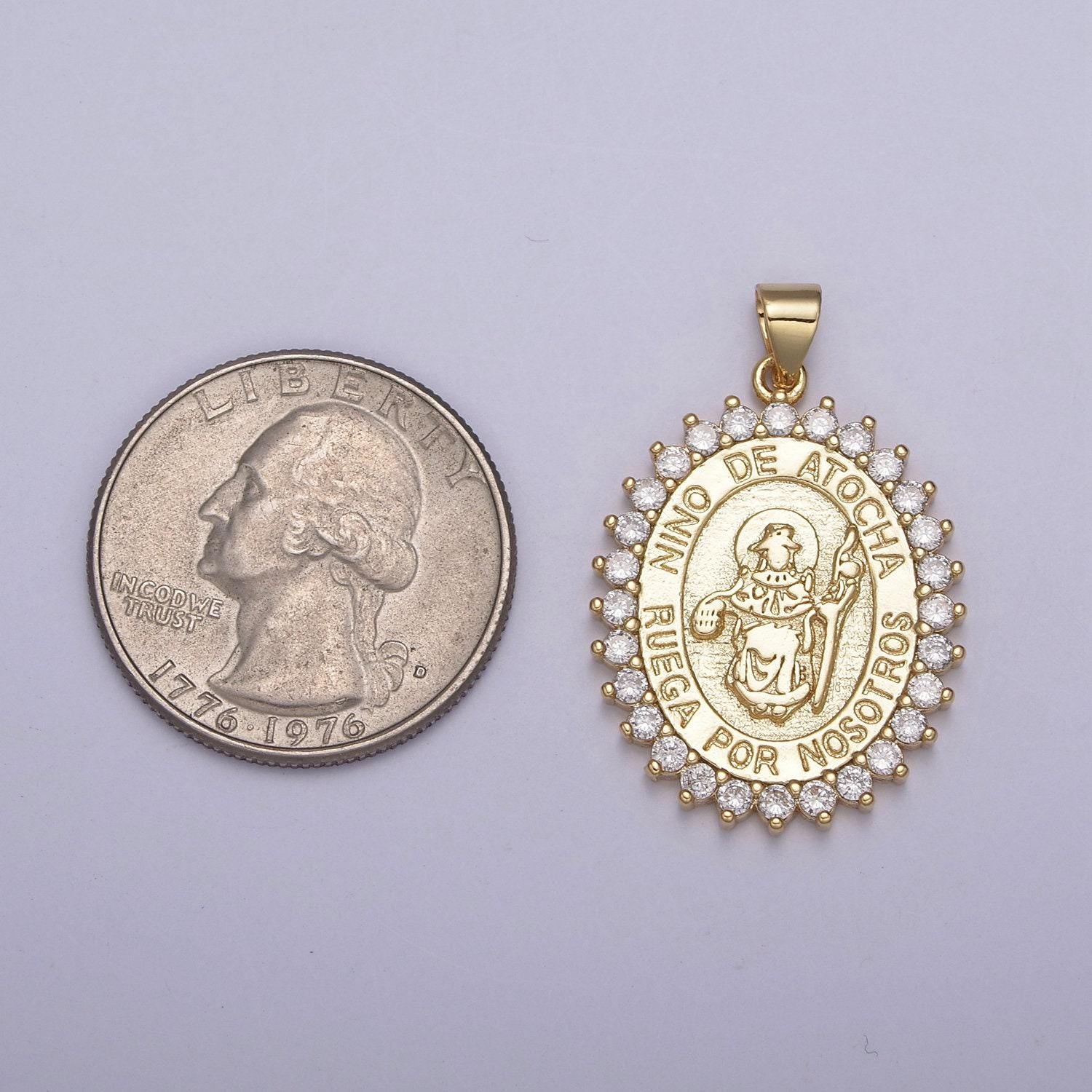 Micro pave nino de atocha religious medal oval religious medallion pendant santo jewelry, h-894