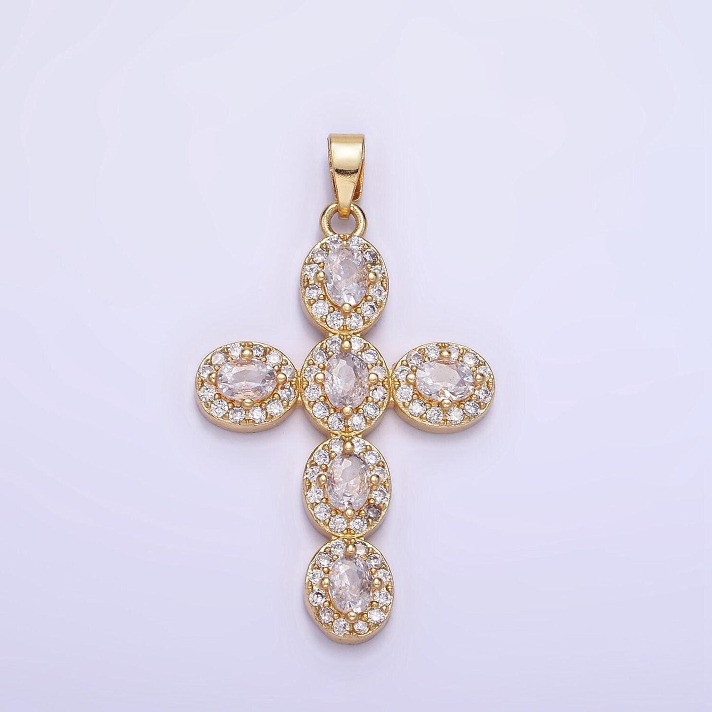14k gold filled clear, multicolor micro paved oval cross pendant in gold & silver | aa-1166 aa-1167