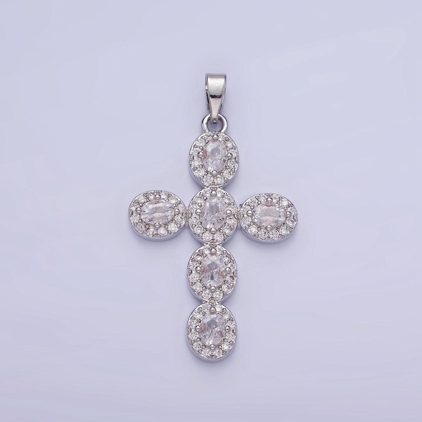 14k gold filled clear, multicolor micro paved oval cross pendant in gold & silver | aa-1166 aa-1167