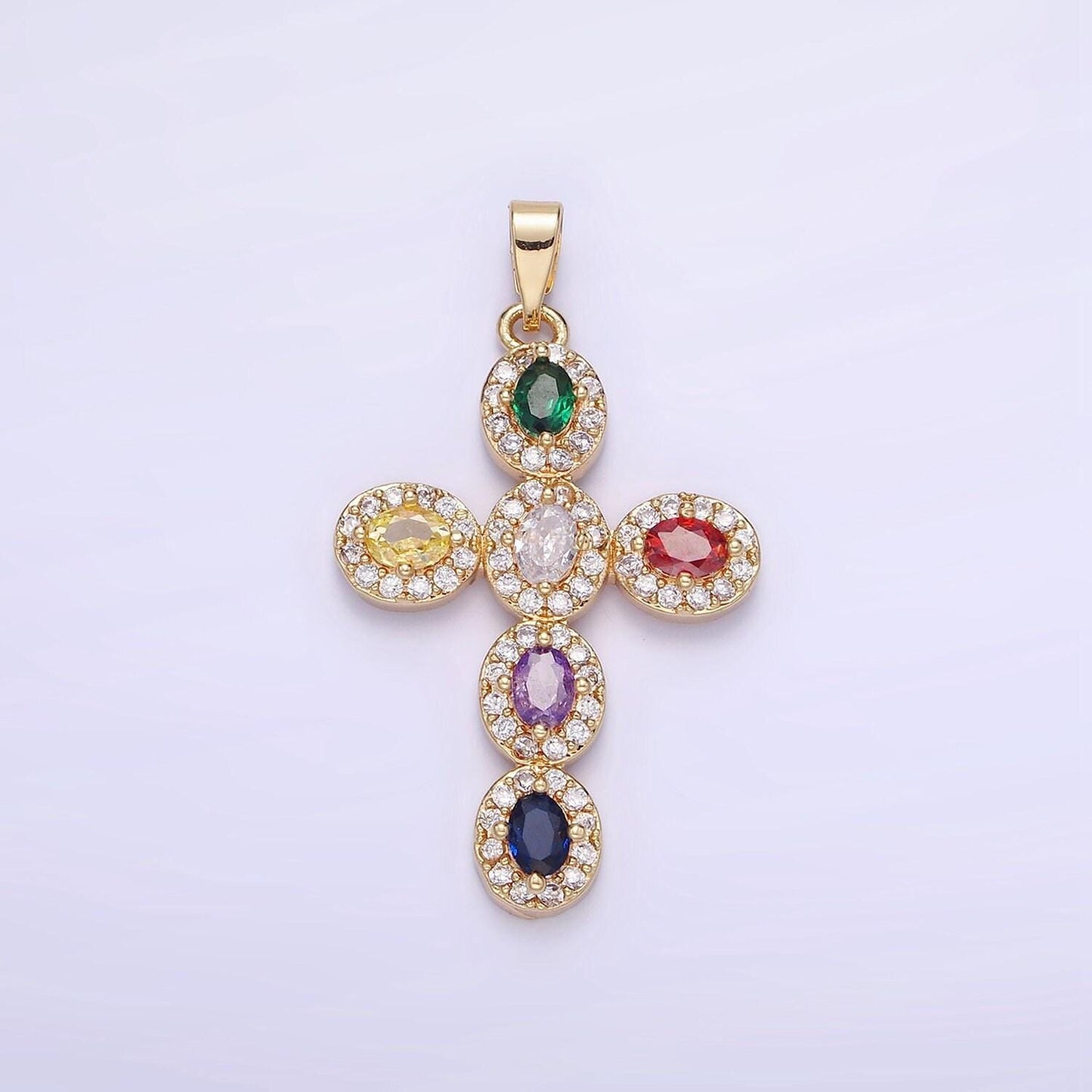 14k gold filled clear, multicolor micro paved oval cross pendant in gold & silver | aa-1166 aa-1167