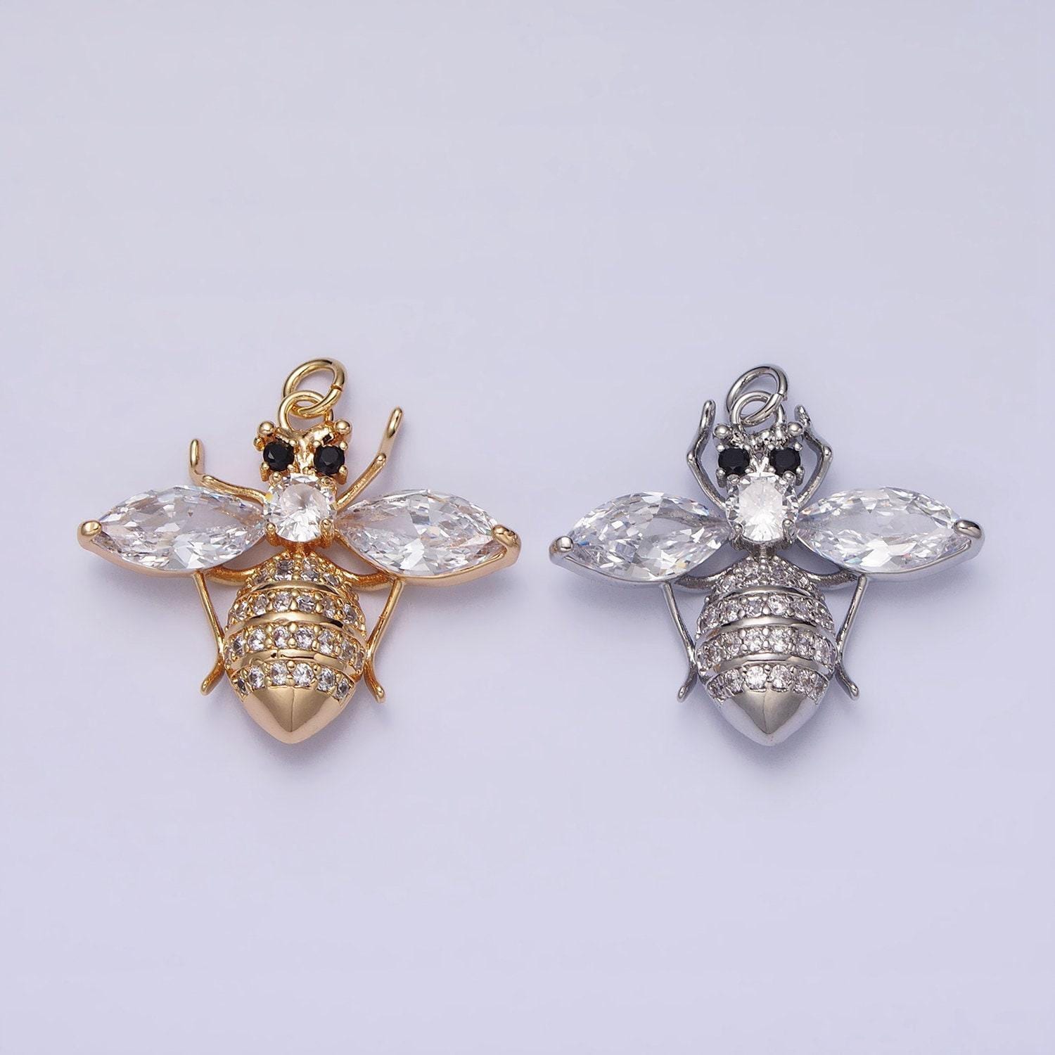 16k gold filled black-eyed bumble queen bee marquise micro paved cz charm in gold & silver fly insect | ac1231 ac1232