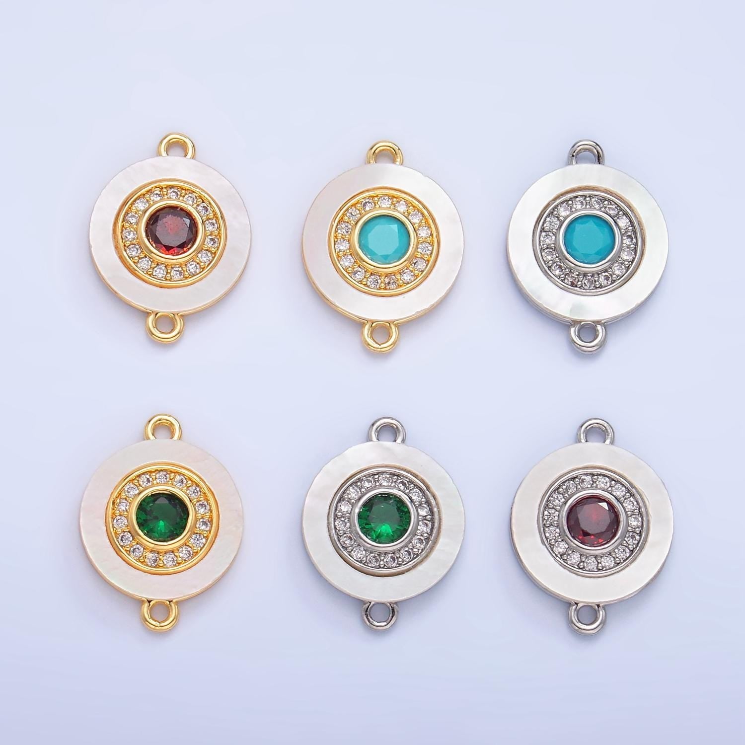 Colorful cz evil eye freshwater pearl gold bezel charm connector, evil eye round shaped gold filled double bail link connector | f823