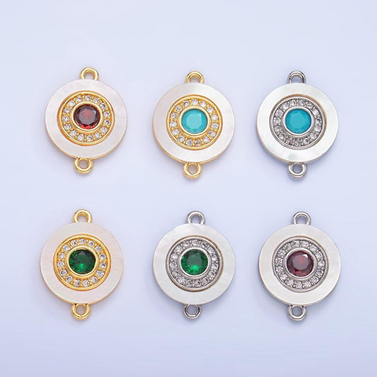 Colorful cz evil eye freshwater pearl gold bezel charm connector, evil eye round shaped gold filled double bail link connector | f823