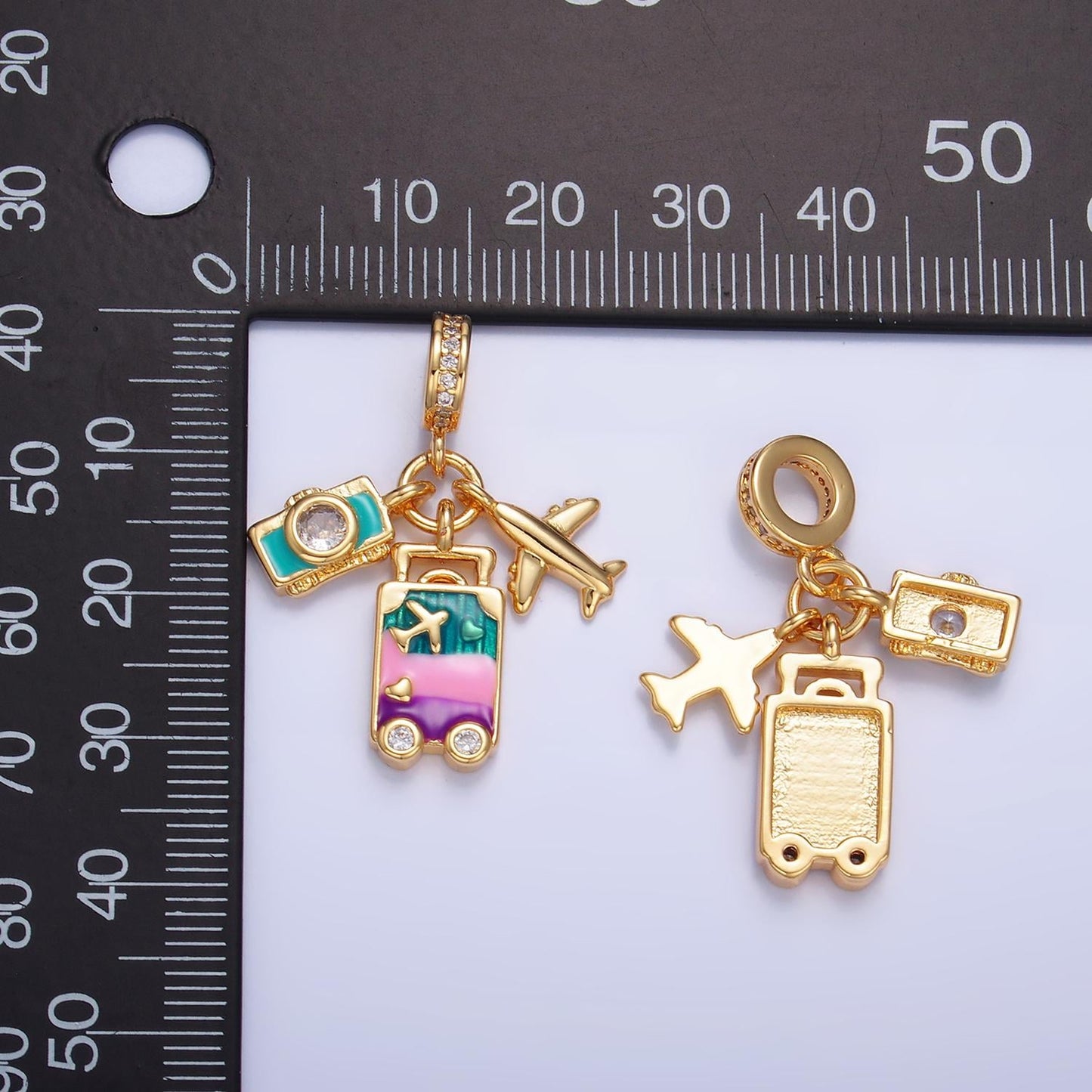 24k gold filled travel theme plane Camera Enamel suitcase rondelle bail drop pendant | W444