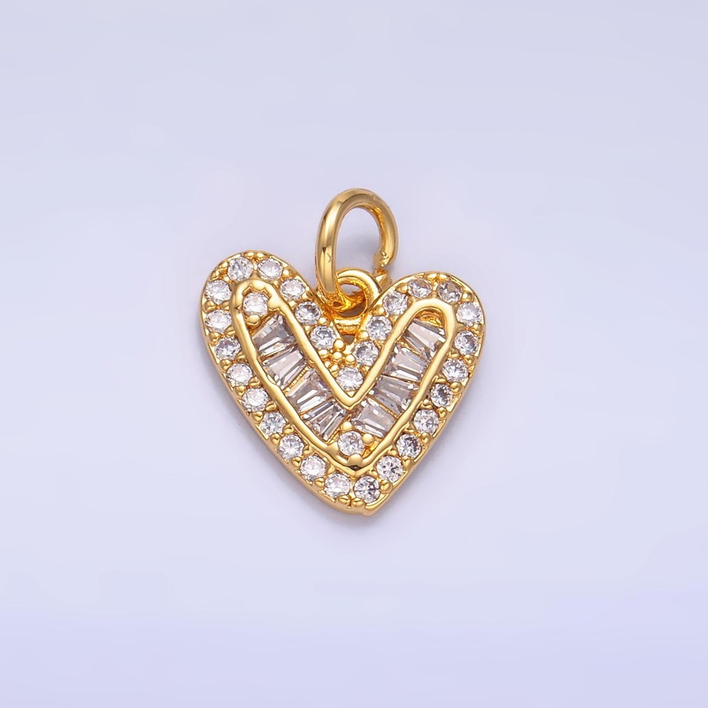 Mini 24K Gold Filled Micro Paved CZ Baguette Heart Charm in Gold & Silver | W446