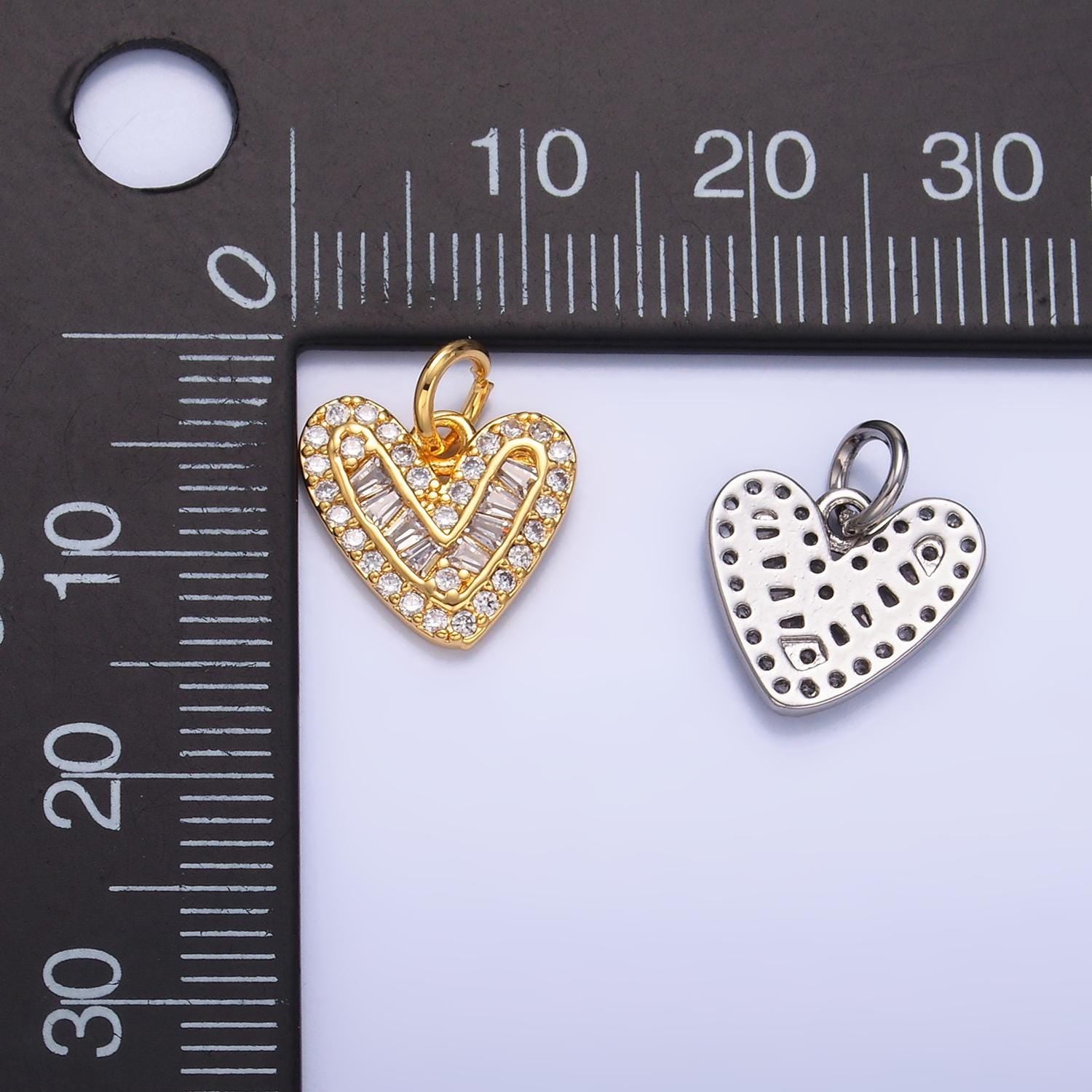 Mini 24K Gold Filled Micro Paved CZ Baguette Heart Charm in Gold & Silver | W446