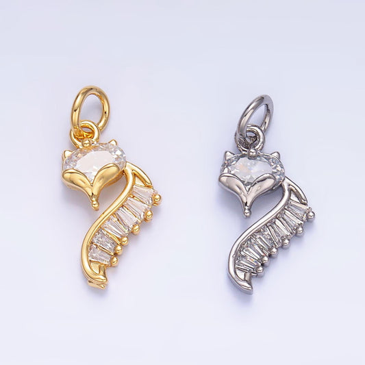 24K Gold Filled Fox Charm Wild Animal Baguette CZ Curve Silhouette Charm in Gold & Silver | w447