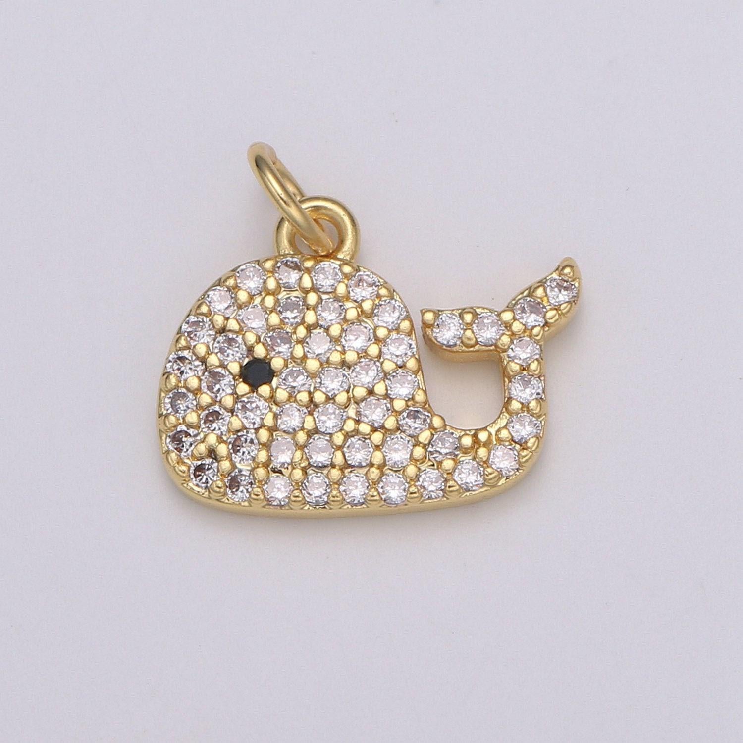 Micro pave gold whale charm, bracelet charm,necklace charm, earring charm, ocean jewelry, fish,dolphin ,mermaid , e-593