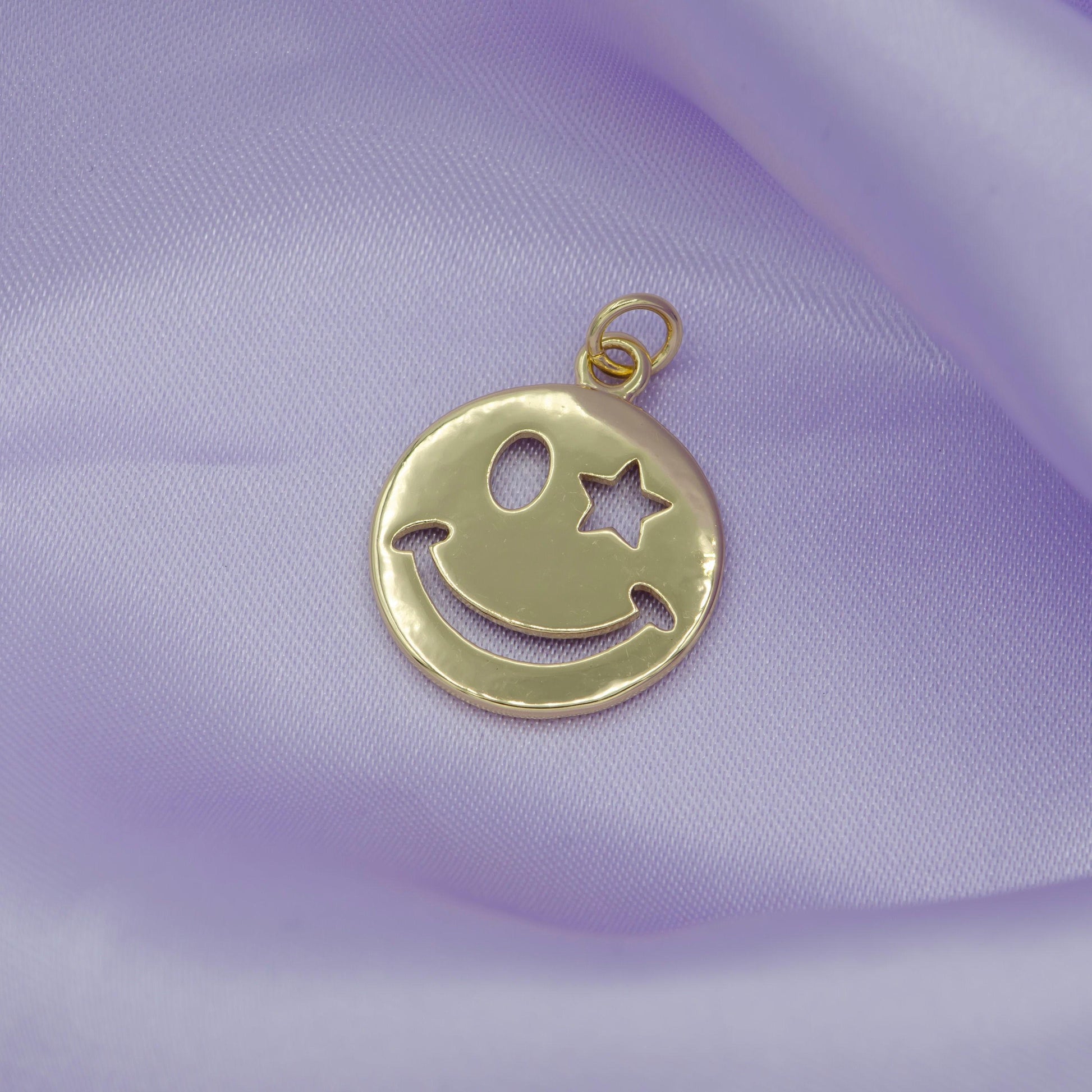Dainty gold happy face charm, gold smile face charms, emoticon wink face in gold round charm, dainty smile charm summer trend jewelry