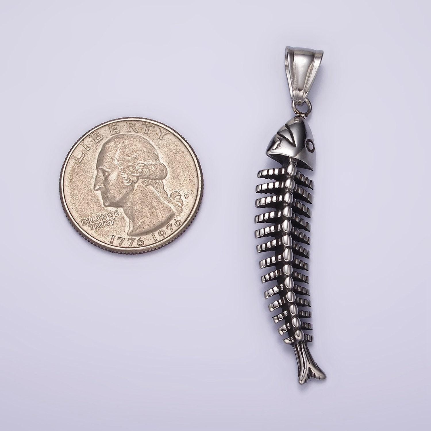 Stainless steel 59mm ocean sea fish animal skeleton bone curved pendant | p1063