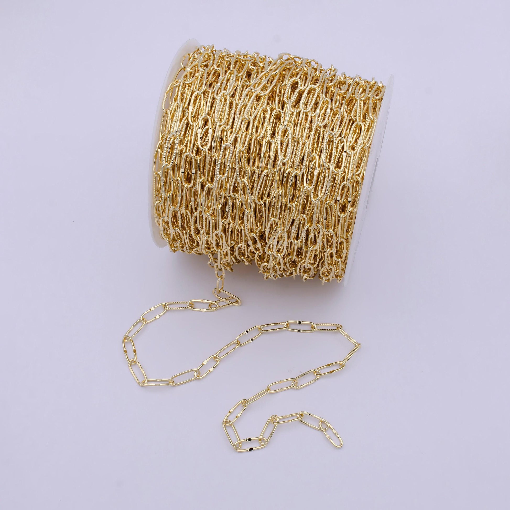 14k gold filled unfinished sunburst & textured paper clip unique chain, wholesale bulk sale roll chain by yard | roll-712