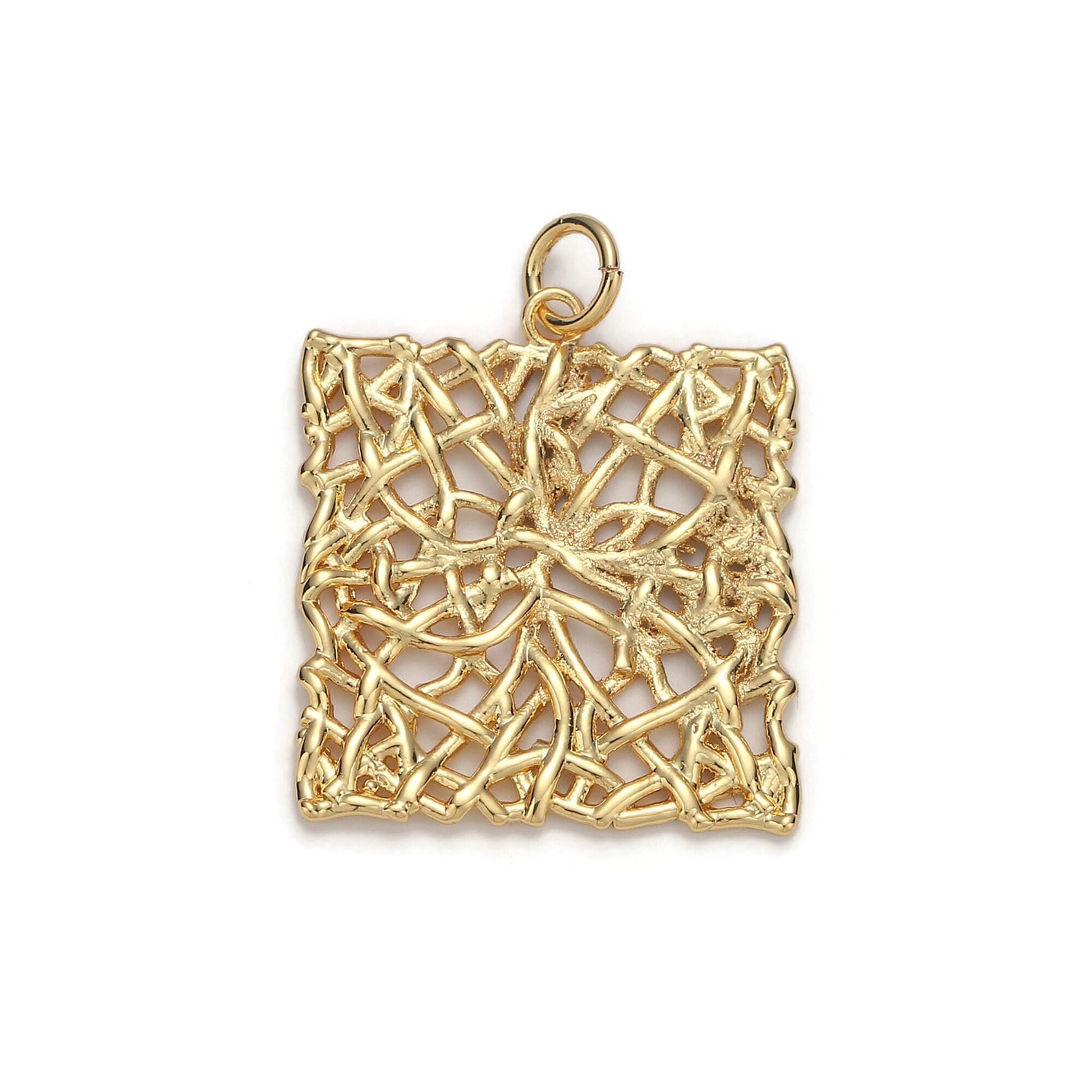 1pc 24k gold patterned square charm, branch paisley pendant charm, charm, for diy jewelry, gold color