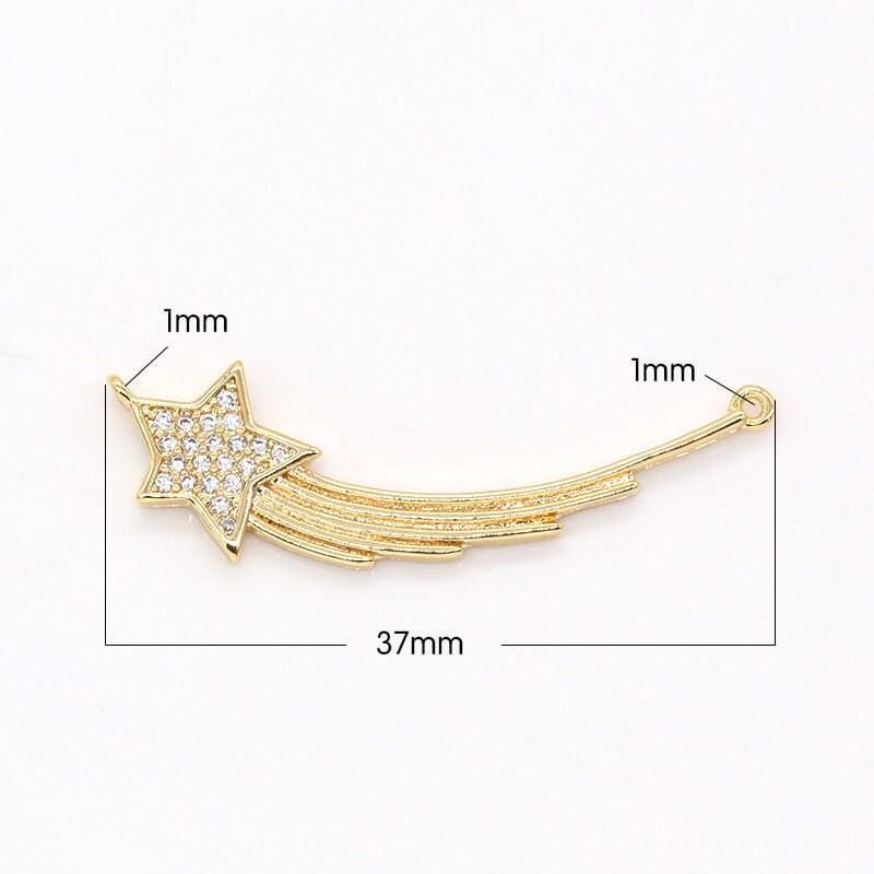 Shooting star goldplated charm connector, cz micro pave star charm, cubic zirconia star connector for necklace pendant double bail, 610