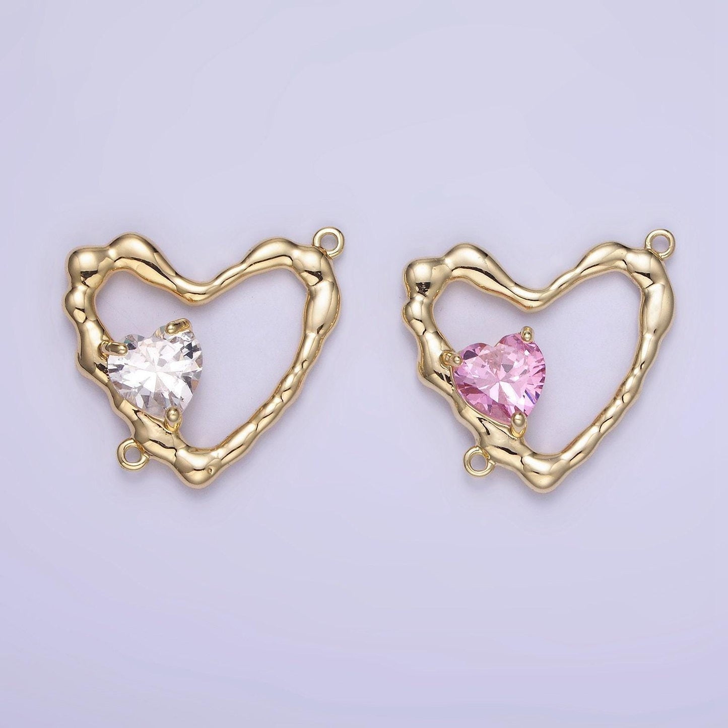 14k gold filled open heart charm with pink clear micro paved cz charm connector | g288