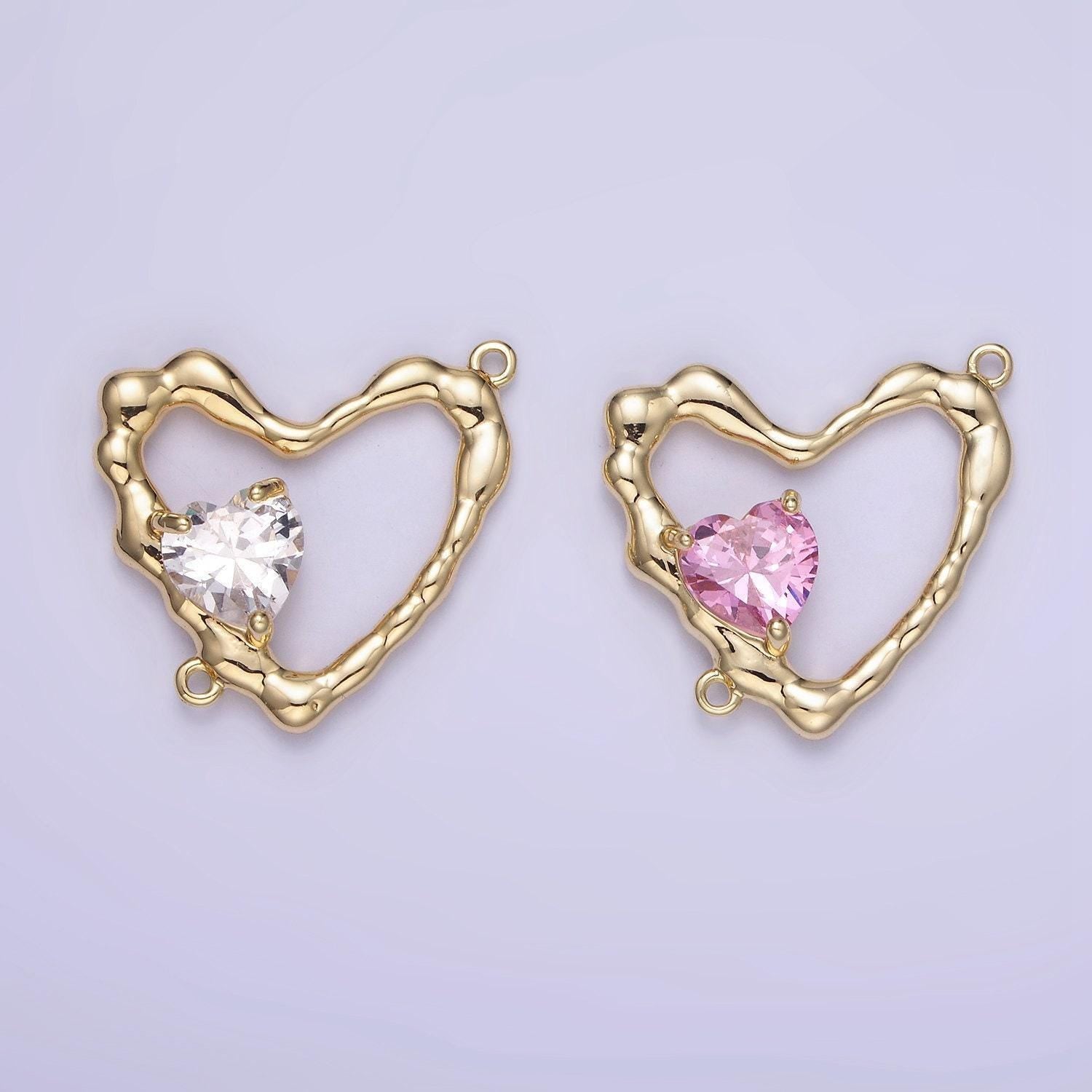 14k gold filled open heart charm with pink clear micro paved cz charm connector | g288