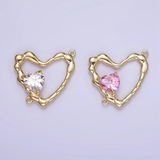 14k gold filled open heart charm with pink clear micro paved cz charm connector | g288