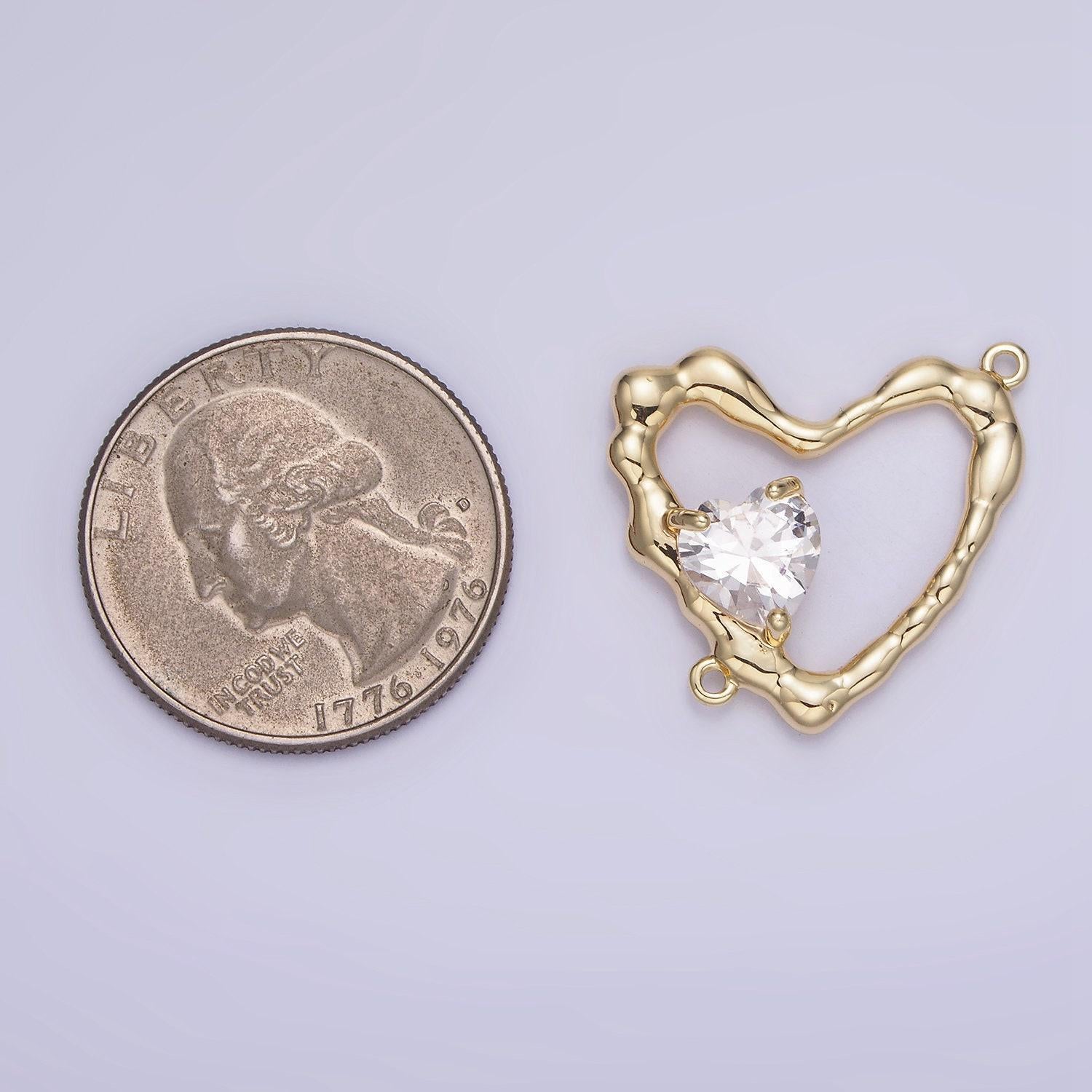 14k gold filled open heart charm with pink clear micro paved cz charm connector | g288