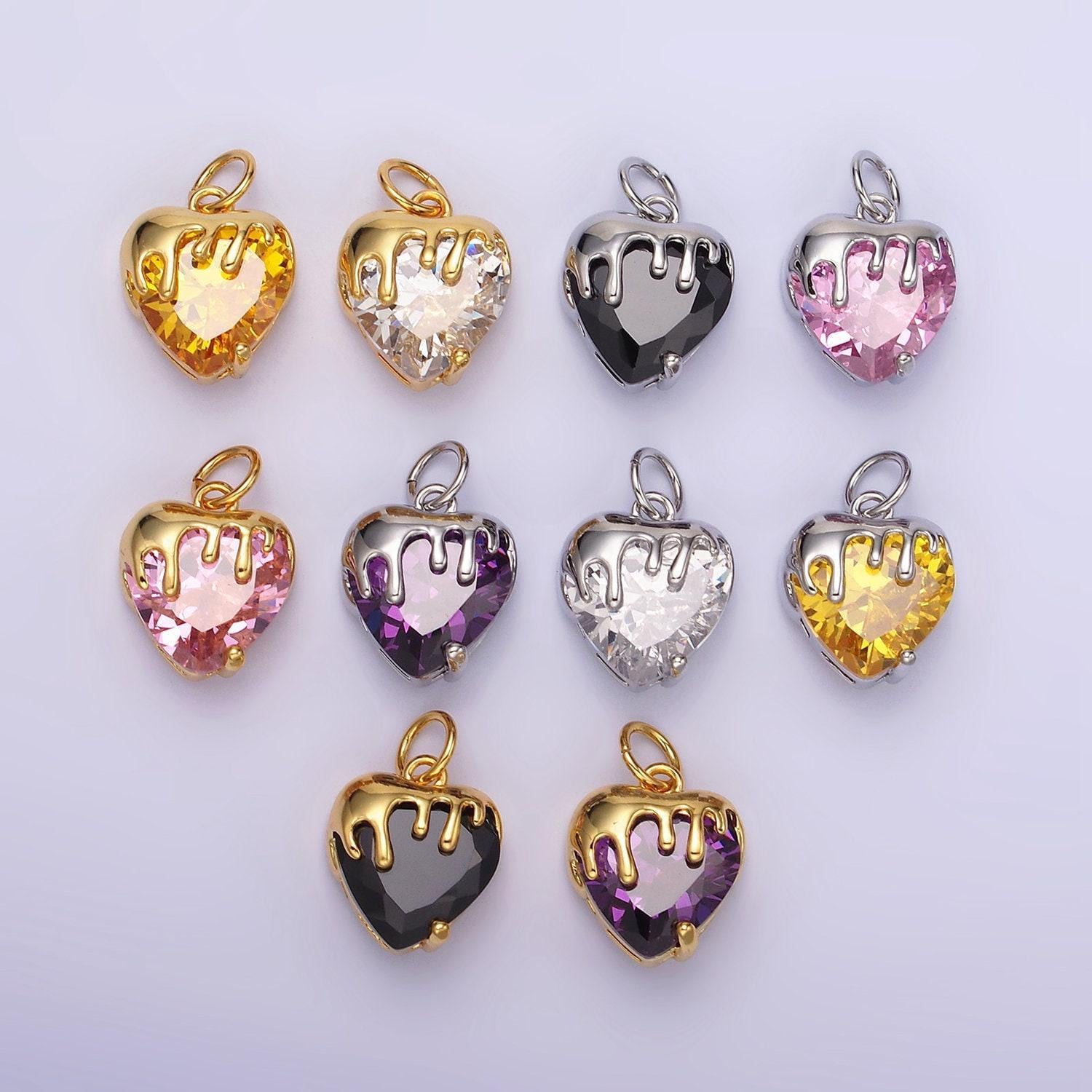 14k gold filled clear, pink, purple, yellow. black heart cz molten drip charm in gold & silver | n1537 - n1546