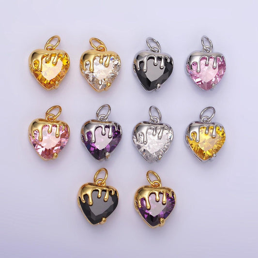 14k gold filled clear, pink, purple, yellow. black heart cz molten drip charm in gold & silver | n1537 - n1546