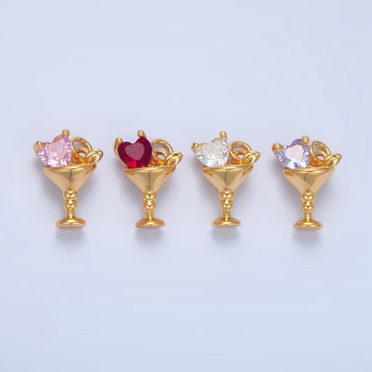 Red, pink, clear, purple cz heart alcoholic martini drink 24k gold filled charm | x-846 - x-847