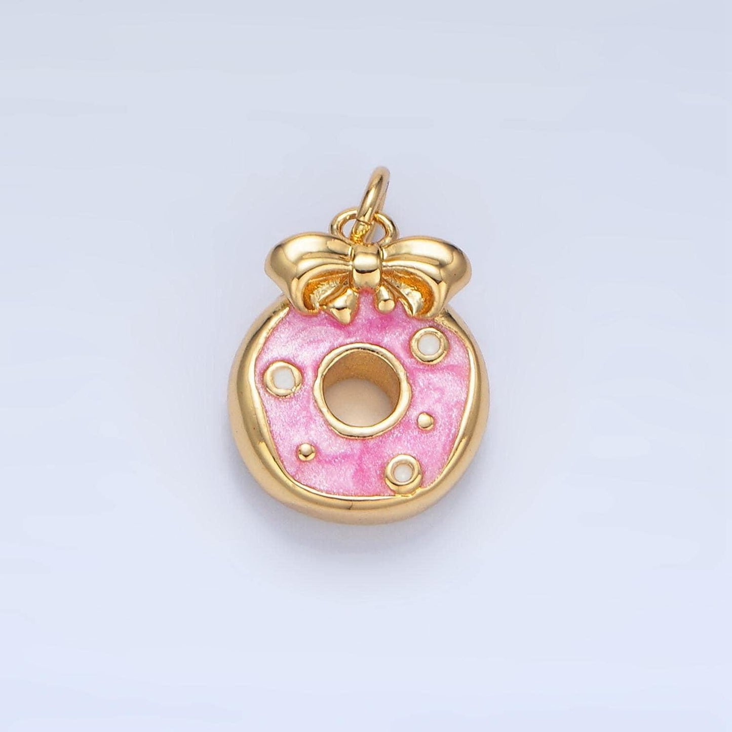 Pink enamel donut w/ ribbon 24k gold filled food charm | x-836