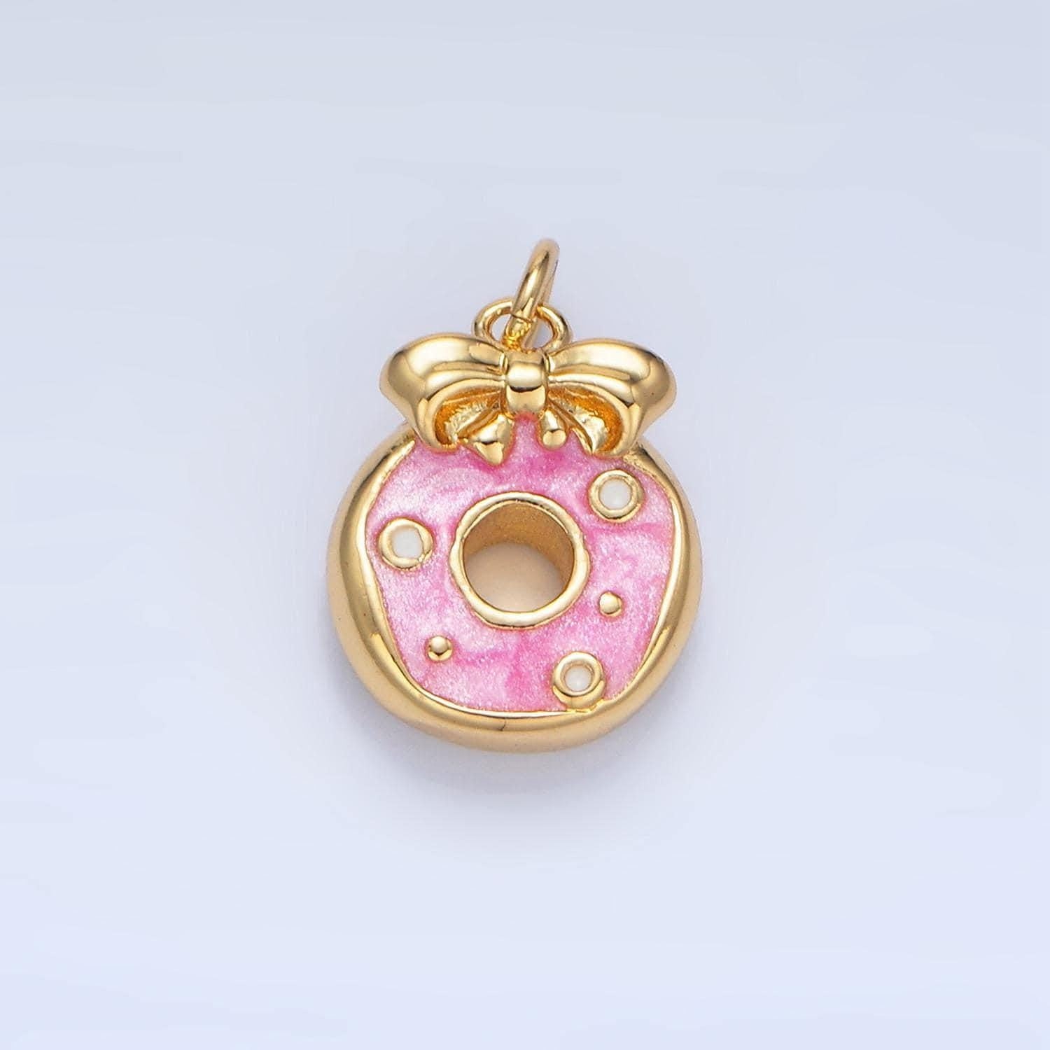 Pink enamel donut w/ ribbon 24k gold filled food charm | x-836