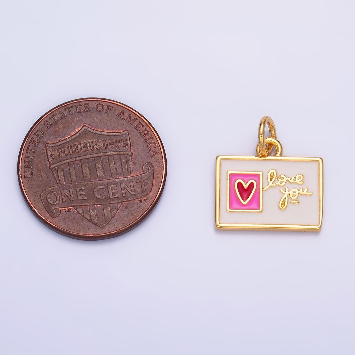 Dainty gold post card charm love letter charms valentine red heart gold filled charms w276
