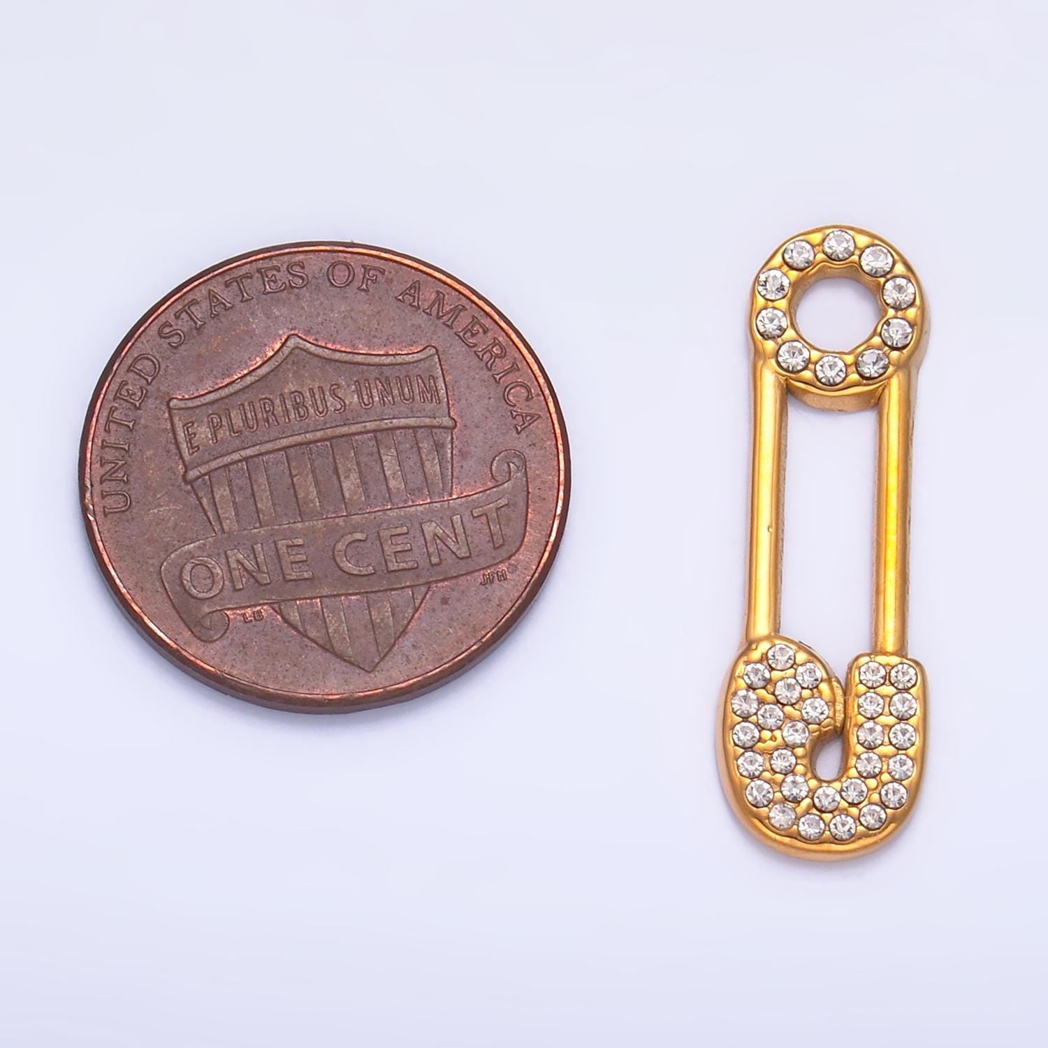 Gold stainless steel safety pin charm clear cz safety baby pin charm | p1387